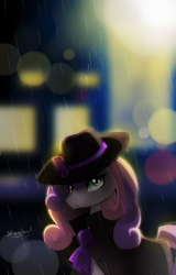 Size: 768x1200 | Tagged: safe, artist:skyeypony, character:sweetie belle, bust, city, cloak, clothing, depth of field, detective, female, hat, lens flare, noir, older sweetie belle, portrait, rain, solo, trenchcoat, wide-brimmed hat