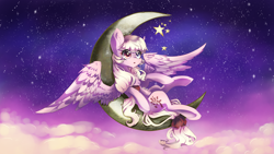 Size: 3840x2160 | Tagged: safe, artist:dream--chan, oc, oc only, oc:dream whisper, chinese, cloud, crescent moon, dreamworks, heterochromia, moon, night, solo, stars, tangible heavenly object, transparent moon