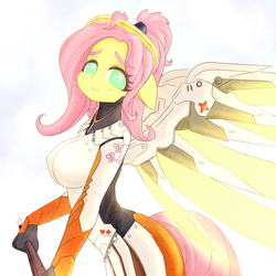 Size: 1791x1791 | Tagged: safe, artist:sigpi, character:fluttershy, species:human, big breasts, breasts, busty fluttershy, crossover, cute, eared humanization, female, human facial structure, humanized, mercy, mercyshy, overwatch, ponytail, shyabetes, solo, tail, tailed humanization
