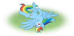 Size: 2441x1200 | Tagged: safe, artist:arvaus, character:rainbow dash, caught, cute, dashabetes, female, grass, horses doing horse things, looking at you, lying down, lying in grass, rolling, solo, wide eyes