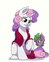 Size: 1200x1500 | Tagged: safe, artist:itstaylor-made, character:sweetie belle, oc, oc:hedgewing, parent:spike, parent:sweetie belle, parents:spikebelle, species:dracony, cape, clothing, cmc cape, cutie mark, hybrid, interspecies offspring, next generation, offspring, older, simple background, story included, the cmc's cutie marks, white background