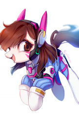 Size: 1000x1545 | Tagged: safe, artist:rocy canvas, species:pony, clothing, cute, d.va, diabetes, female, mare, open mouth, overwatch, ponified, simple background, solo, white background