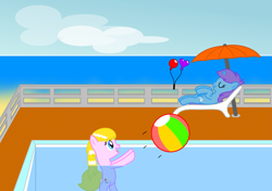 Size: 3317x2340 | Tagged: safe, artist:bladedragoon7575, oc, oc only, oc:lola balloon, oc:sleepy zee, beach ball, cute, swimming pool, umbrella, water