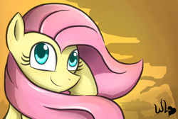 Size: 1900x1275 | Tagged: safe, artist:whitelie, character:fluttershy, autumn, bust, colored pupils, female, looking at you, portrait, smiling, solo, windswept mane
