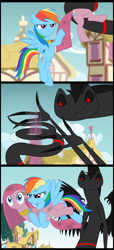 Size: 1476x3230 | Tagged: safe, artist:culu-bluebeaver, character:pinkamena diane pie, character:pinkie pie, character:rainbow dash, oc, oc:plague, species:earth pony, species:pegasus, species:pony, comic:the six-winged serpent, comic, female, grimdark series, grotesque series, mare, ponyville, red and black oc, show accurate
