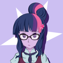 Size: 1000x1000 | Tagged: safe, artist:umejiru, character:twilight sparkle, character:twilight sparkle (scitwi), species:eqg human, my little pony:equestria girls, bust, colored pupils, female, glasses, looking at you, serious face, solo