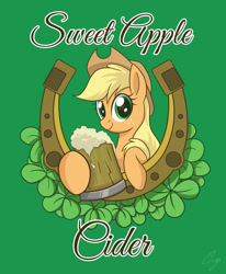 Size: 1024x1243 | Tagged: safe, artist:steffy-beff, character:applejack, species:earth pony, species:pony, applejack's hat, cider, clothing, clover, cowboy hat, female, four leaf clover, freckles, green background, hat, horseshoes, looking at you, mare, poster, simple background, smiling, solo, stetson