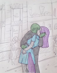 Size: 1360x1740 | Tagged: safe, artist:grinwild, character:maud pie, oc, oc:anon, species:anthro, clothing, dress, female, kissing, male, parody, straight, v-j day in times square