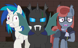 Size: 640x400 | Tagged: safe, artist:herooftime1000, character:dj pon-3, character:vinyl scratch, oc, oc:clavus, oc:cryptania, species:bat pony, species:changeling, species:pony, angry, dungeon, octavia in the underworld's cello, pixel art, scared