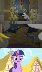 Size: 1364x2305 | Tagged: safe, artist:brutalweather studio, edit, edited screencap, screencap, character:flash sentry, character:twilight sparkle, character:twilight sparkle (alicorn), species:alicorn, species:pony, knock out, royal guard, royal guard armor, the cutie remark prequel, youtube link