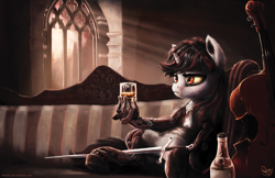 Size: 4000x2588 | Tagged: safe, artist:nemo2d, oc, oc only, oc:blackjack, fallout equestria, fallout equestria: project horizons, absurd resolution, alcohol, amputee, bottle, cello, contrabass, crepuscular rays, cyborg, deus ex, deus ex: human revolution, i never asked for this, mechanized, musical instrument, prosthetic limb, prosthetics, red eyes, shot glass, sitting, solo, sword, weapon, whiskey