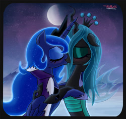 Size: 1451x1362 | Tagged: safe, artist:willisninety-six, character:princess luna, character:queen chrysalis, species:alicorn, species:pony, ship:chrysaluna, blushing, eyes closed, female, kissing, lesbian, mare, shipping