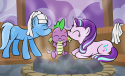 Size: 2229x1356 | Tagged: safe, artist:oinktweetstudios, character:spike, character:starlight glimmer, character:trixie, species:pony, species:unicorn, ship:sparlight, ship:spixie, ship:startrix, age difference, bisexual, coal, cute, cutie mark, diatrixes, female, glimmerbetes, kiss mark, kissing, lesbian, lipstick, male, mare, ponyville spa, sauna, shipping, spa, sparlixie, spikabetes, spike gets all the mares, spikelove, steam, straight, towel