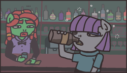 Size: 1166x672 | Tagged: safe, artist:grinwild, character:maud pie, character:tree hugger, species:anthro, alcohol, bar, bottle, drunk, rule 63, tree top