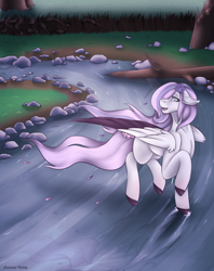 Size: 1024x1295 | Tagged: safe, artist:celestialoddity, oc, oc only, oc:moonflower, species:pegasus, species:pony, river, solo, water