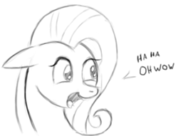 Size: 2293x1749 | Tagged: safe, artist:itsthinking, character:fluttershy, digital art, female, ha ha ha oh wow, laughing, monochrome, sketch, solo