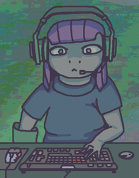 Size: 441x563 | Tagged: safe, artist:grinwild, character:boulder, character:maud pie, species:anthro, error, female, glitch, headphones, keyboard, solo