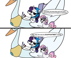 Size: 1200x985 | Tagged: safe, artist:velgarn, character:rarity, character:sweetie belle, species:pony, species:unicorn, episode:the cart before the ponies, g4, my little pony: friendship is magic, cart, cigar, comic, dialogue, disappointment, duo, female, filly, foal, mare, smoking, speech bubble, sunglasses, swan, swanlestia cart