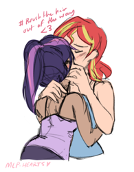 Size: 1280x1640 | Tagged: safe, artist:mlp-hearts, character:sunset shimmer, character:twilight sparkle, character:twilight sparkle (scitwi), species:eqg human, species:human, ship:scitwishimmer, ship:sunsetsparkle, blushing, clothing, dark skin, female, humanized, kissing, lesbian, ponytail, shipping, tank top, twilight darkle