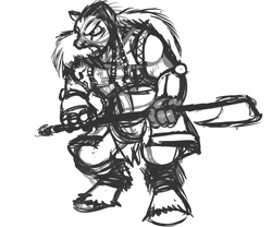 Size: 1200x1000 | Tagged: safe, artist:velgarn, species:anthro, species:earth pony, species:pony, armor, axe, barbarian, berserker, concept art, fantasy, fury, male, monochrome, rage, seeds of harmony, sketch, solo, tribal, weapon