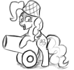 Size: 1546x1453 | Tagged: safe, artist:itsthinking, character:pinkie pie, digital, female, guardians of harmony, monochrome, party cannon, sketch, smiling, solo