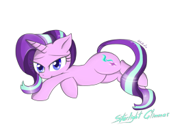 Size: 1750x1280 | Tagged: safe, artist:whitelie, character:starlight glimmer, species:pony, species:unicorn, female, looking at you, lying down, simple background, smiling, solo, transparent background