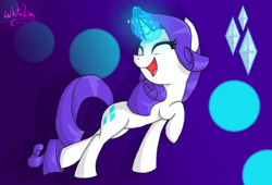 Size: 1024x696 | Tagged: safe, artist:whitelie, character:rarity, species:pony, species:unicorn, abstract background, cute, cutie mark, cutie mark background, eyes closed, female, glowing horn, happy, magic, mare, open mouth, purple background, raised hoof, raised leg, raribetes, signature, simple background, smiling, solo