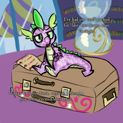 Size: 600x600 | Tagged: safe, artist:sallindaemon, character:spike, propheverse, list, luggage, male, solo