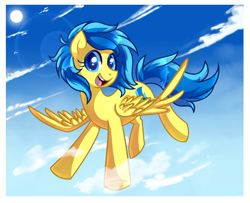 Size: 2000x1621 | Tagged: safe, artist:xnightmelody, oc, oc only, oc:blueberry blitz, species:pegasus, species:pony, cloud, female, flying, happy, mare, sky, solo, sun