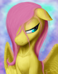 Size: 600x765 | Tagged: safe, artist:the1xeno1, character:fluttershy, bust, colored pupils, female, hair over one eye, lidded eyes, looking away, solo, spread wings, wings