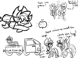 Size: 800x600 | Tagged: safe, artist:sallindaemon, character:applejack, character:rainbow dash, character:twilight sparkle, character:twilight sparkle (alicorn), species:alicorn, species:pony, newbie artist training grounds, applejack truck, cardboard cutout, cardboard twilight, monochrome, silly, silly pony, sketch, top, who's a silly pony