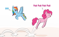 Size: 1574x986 | Tagged: safe, artist:eulicious, character:pinkie pie, character:rainbow dash, confused, dialogue, eyes closed, flying, fuk, jumping, looking back, open mouth, pronking, question mark, raised eyebrow, simple background, smiling, spread wings, vulgar, white background, wings