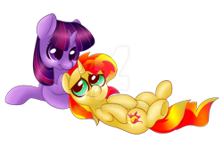 Size: 1024x676 | Tagged: safe, artist:ponycide, character:sunset shimmer, character:twilight sparkle, character:twilight sparkle (alicorn), species:alicorn, species:pony, ship:sunsetsparkle, cuddling, female, lesbian, mare, on back, prone, shipping, simple background, smiling, snuggling, transparent background, watermark