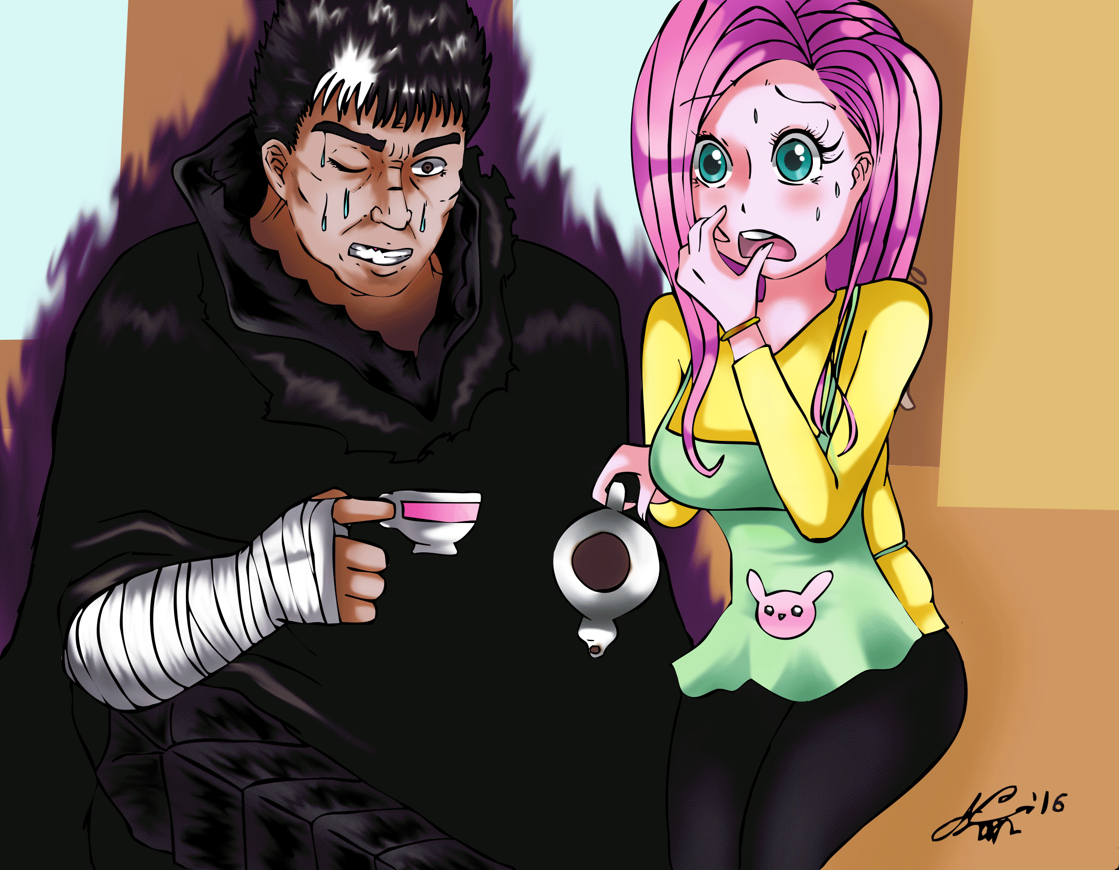 Size: 2179x1695 | Tagged: safe, artist:manhunterj, character:fluttershy, species:human, animated, berserk, clothing, crossover, gif, giving up the ghost, guts (berserk), humanized, sweater, sweatershy