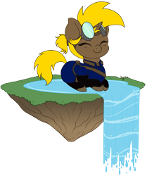 Size: 1913x2290 | Tagged: safe, artist:diigii-doll, oc, oc only, oc:golden gear, species:pony, species:unicorn, boots, clothing, cute, dirt cube, eyes closed, female, floating, floating island, goggles, happy, jumpsuit, mare, simple background, solo, transparent background, waterfall