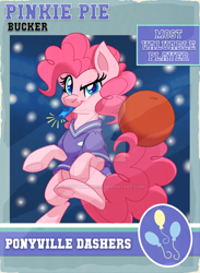Size: 600x818 | Tagged: safe, artist:itstaylor-made, character:pinkie pie, episode:buckball season, g4, my little pony: friendship is magic, bottomless, buckball, clothing, female, jersey, kazoo, musical instrument, partial nudity, solo, trading card, watermark