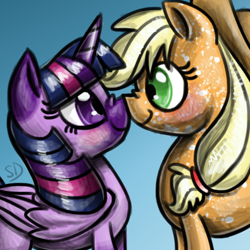 Size: 500x500 | Tagged: safe, artist:sallindaemon, character:applejack, character:twilight sparkle, character:twilight sparkle (alicorn), species:alicorn, species:pony, ship:twijack, alternate design, blushing, boop, dappled, eye contact, female, lesbian, looking at each other, mare, noseboop, shipping, smiling
