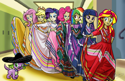 Size: 3620x2348 | Tagged: safe, artist:oinktweetstudios, character:applejack, character:fluttershy, character:pinkie pie, character:rainbow dash, character:rarity, character:spike, character:sunset shimmer, character:twilight sparkle, character:twilight sparkle (alicorn), species:dog, my little pony:equestria girls, bedroom eyes, canterlot high, cinco de mayo, clothing, cowboy hat, dress, group, hat, human coloration, humane five, humane seven, humane six, looking at you, mane six, mexican, open mouth, rainbow dash always dresses in style, signature, sombrero, spike the dog, stetson, tongue out