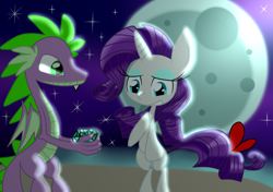 Size: 1700x1200 | Tagged: safe, artist:lovehtf421, character:rarity, character:spike, species:pony, ship:sparity, bipedal, gem, male, marriage proposal, moon, older, older spike, shipping, straight