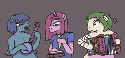 Size: 1773x824 | Tagged: safe, artist:grinwild, oc, oc only, species:anthro, species:earth pony, species:pony, species:unicorn, accordion, bandage, banjo, music, musical instrument, open mouth, tambourine, wide eyes