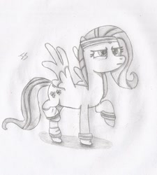 Size: 1130x1255 | Tagged: safe, artist:perplexedpegasus, character:fluttershy, newbie artist training grounds, episode:hurricane fluttershy, g4, my little pony: friendship is magic, female, headband, hoofband, monochrome, pencil drawing, solo, traditional art