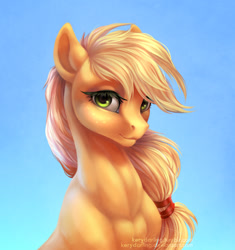 Size: 846x900 | Tagged: safe, artist:kerydarling, character:applejack, species:earth pony, species:pony, applejacked, beautiful, bust, eyelashes, featured on derpibooru, female, hatless, lidded eyes, looking at you, mare, missing accessory, muscles, portrait, realistic, signature, sky, smiling, solo, three quarter view