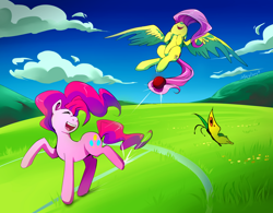 Size: 1500x1172 | Tagged: safe, artist:skyeypony, character:fluttershy, character:pinkie pie, episode:buckball season, g4, my little pony: friendship is magic, action shot, ball, buckball, butterfly, cloud, cutie mark, duo, field, flying, fun, fur, grass, happy, kicking, mountain, nose in the air, pink fur, pink hair, playing, sky, smiling, teeth, tongue out