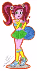 Size: 3344x6360 | Tagged: safe, artist:metaldudepl666, character:gloriosa daisy, equestria girls:legend of everfree, g4, my little pony: equestria girls, my little pony:equestria girls, belly button, blowing a kiss, cheerleader, crayon drawing, cute, daisybetes, heart, humanized, looking at you, pom pom, traditional art