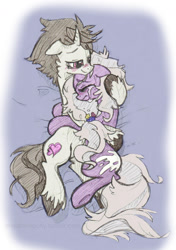 Size: 1106x1567 | Tagged: safe, artist:skutchi, oc, oc only, oc:mylove, oc:siu, species:earth pony, species:pony, species:unicorn, bed, couple, crying, cuddling, hug, love, lying down, male, on side, smiling, snuggling, straight, tears of joy, tumblr