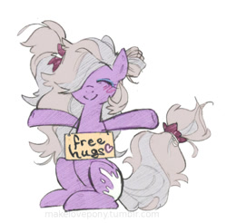 Size: 648x638 | Tagged: safe, artist:skutchi, oc, oc only, oc:siu, species:earth pony, species:pony, blushing, eyes closed, female, free hugs, hair bow, hair over one eye, heart, hug, implied cum, makeup, sitting, smiling, solo, tumblr