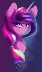 Size: 727x1236 | Tagged: safe, artist:tangomangoes, character:princess cadance, bedroom eyes, bust, female, fluffy, grin, heart eyes, looking at you, portrait, smiling, solo, three quarter view, wingding eyes