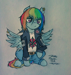 Size: 1892x1992 | Tagged: safe, artist:willisninety-six, character:rainbow dash, black flag, clothing, dead kennedys, ear piercing, earring, female, jewelry, minor threat, patch, piercing, punk, rebel, solo, traditional art, union jack, wing piercing