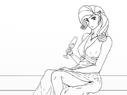 Size: 1024x768 | Tagged: safe, artist:eulicious, character:rarity, species:human, alcohol, champagne, clothing, dress, female, hairpin, humanized, jewelry, looking at you, monochrome, sketch, solo