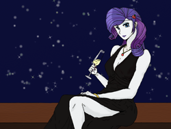 Size: 1024x768 | Tagged: safe, artist:eulicious, character:rarity, species:human, alcohol, champagne, clothing, dress, female, hairpin, humanized, implied rarijack, jewelry, lipstick, looking at you, night, pony coloring, solo